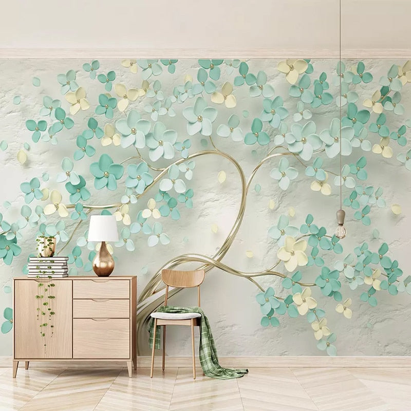 Liven Up Your Living Room with Flowers on Tree Wallpaper-ChandeliersDecor