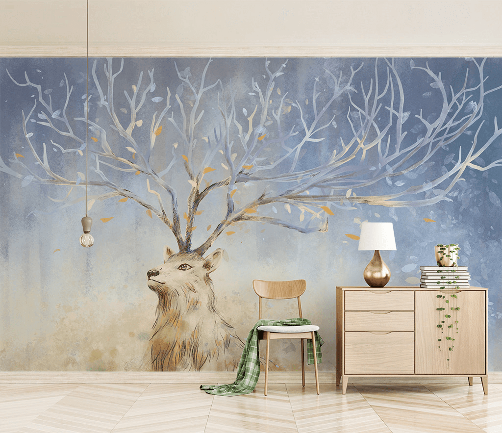 Midnight Reindeer Tree Trunks Wallpaper Mural-ChandeliersDecor.com