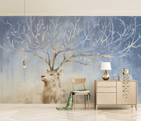 Midnight Reindeer Tree Trunks Wallpaper Mural-ChandeliersDecor.com