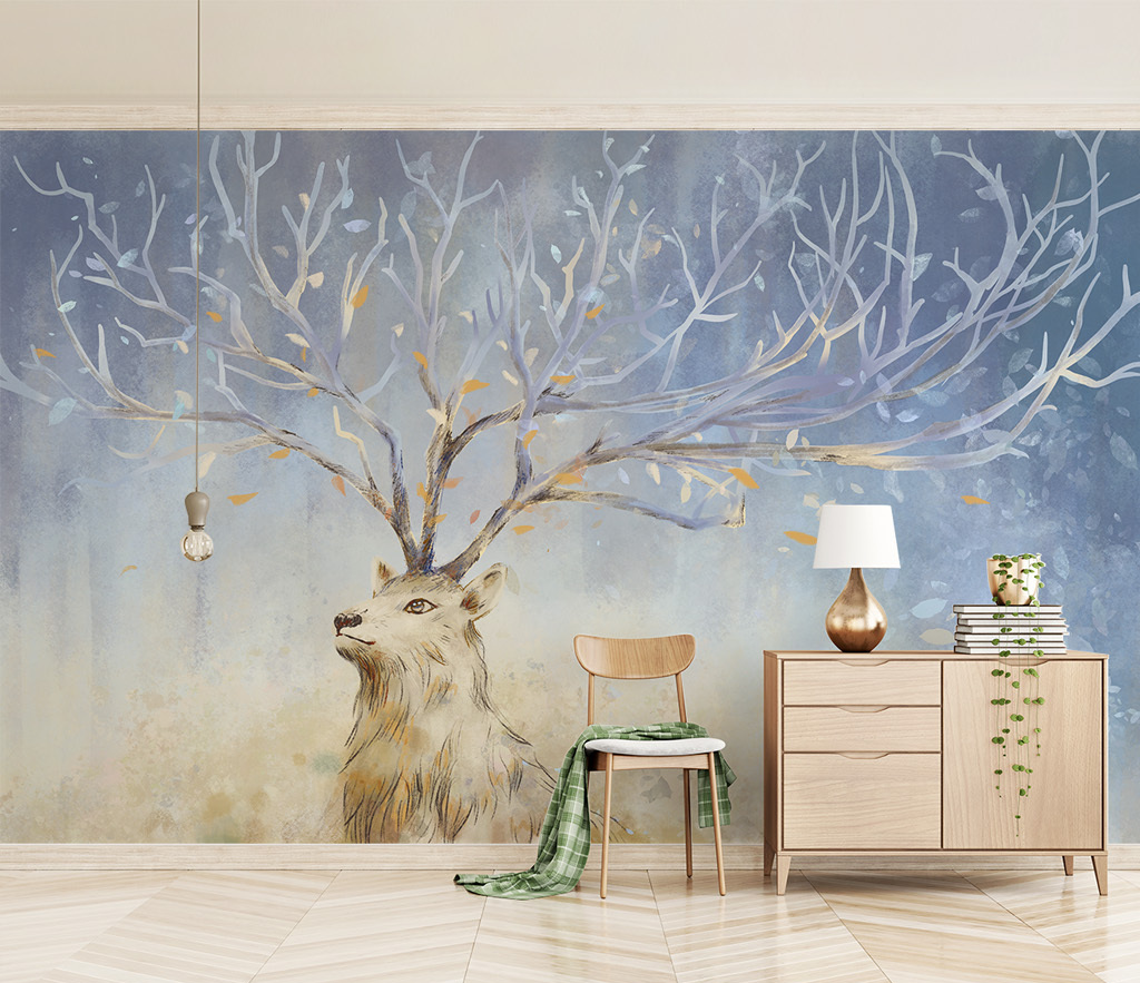 Midnight Reindeer Tree Trunks Wallpaper Mural-ChandeliersDecor