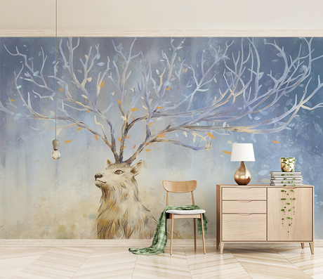 Midnight Reindeer Tree Trunks Wallpaper Mural-ChandeliersDecor