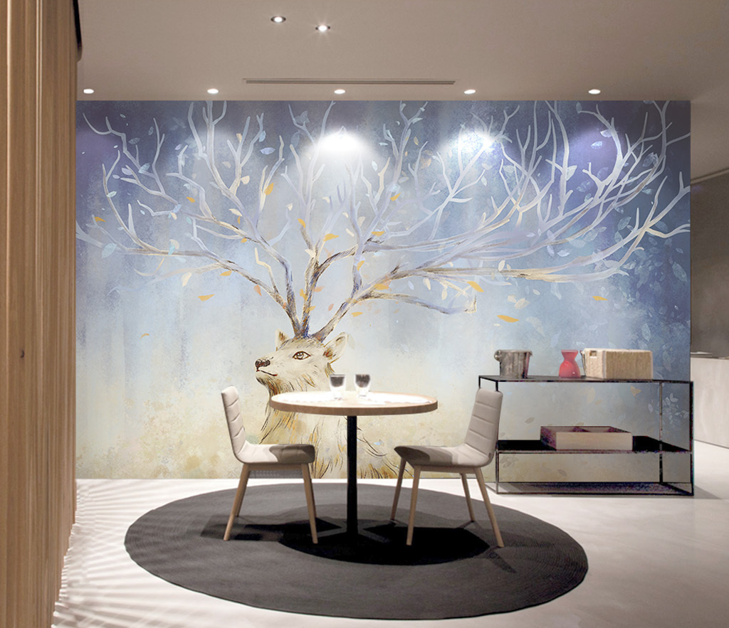 Midnight Reindeer Tree Trunks Wallpaper Mural-ChandeliersDecor