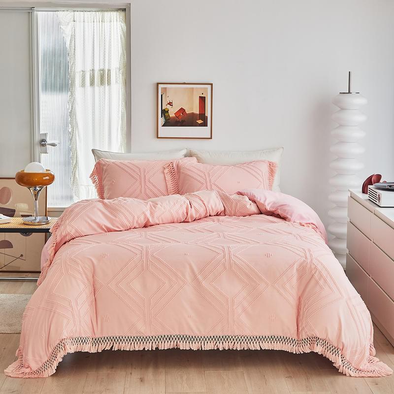 Minimalist Pink White Cotton Fringe Farmhouse Bedding Set-ChandeliersDecor