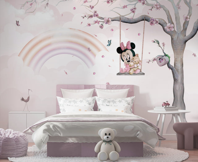 Minnie on Swing - Girls Nursery Wallpaper Mural-ChandeliersDecor