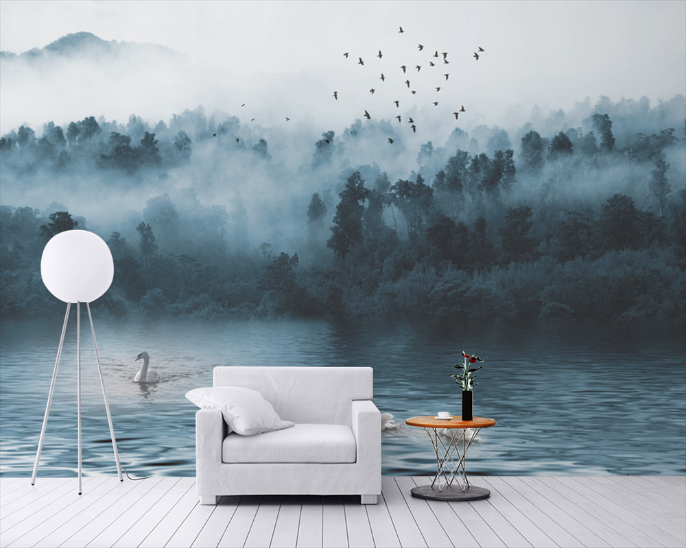 Misty Lake Reflections Wallpaper-ChandeliersDecor