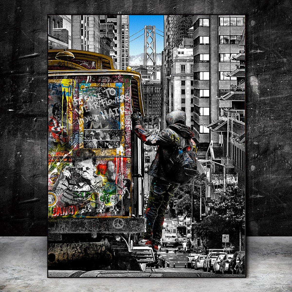 Modern Graffiti Art Catching Bus Tram Canvas Wall Art