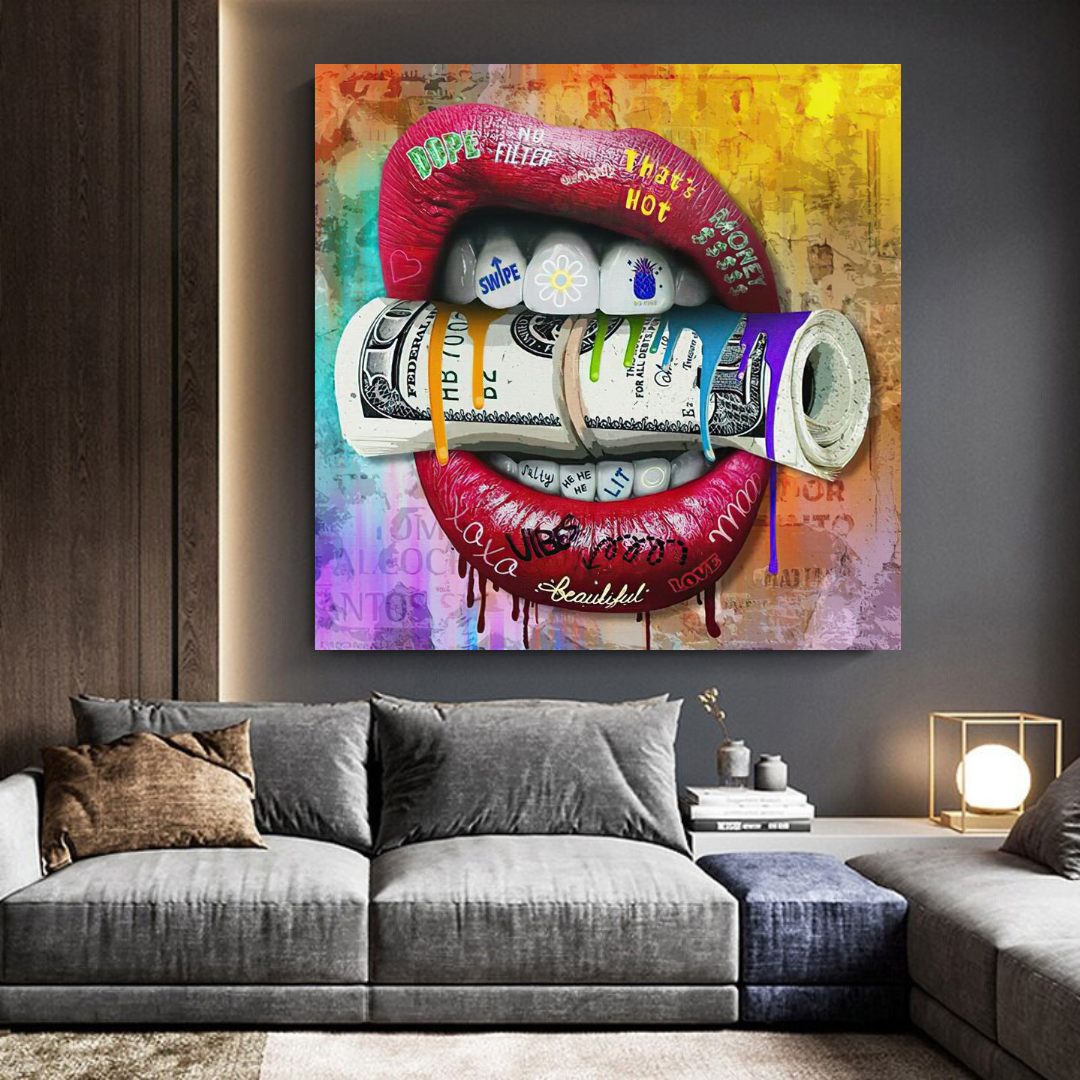 Money Lips Graffiti Canvas Wall Art-ChandeliersDecor