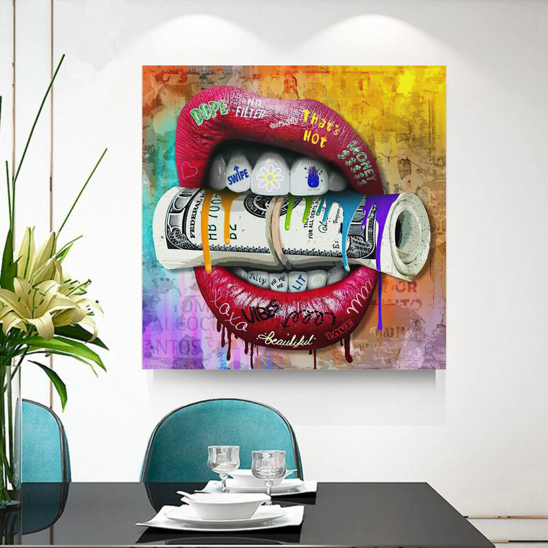 Money Lips Graffiti Canvas Wall Art-ChandeliersDecor