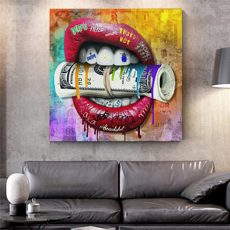 Money Lips Graffiti Canvas Wall Art-ChandeliersDecor