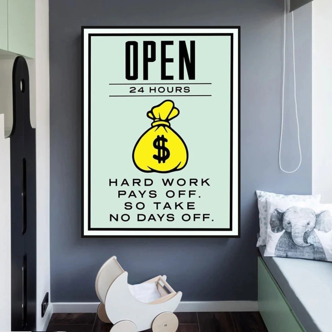 Monopoly Hard Work Pays Off Card Canvas Wall Art-ChandeliersDecor