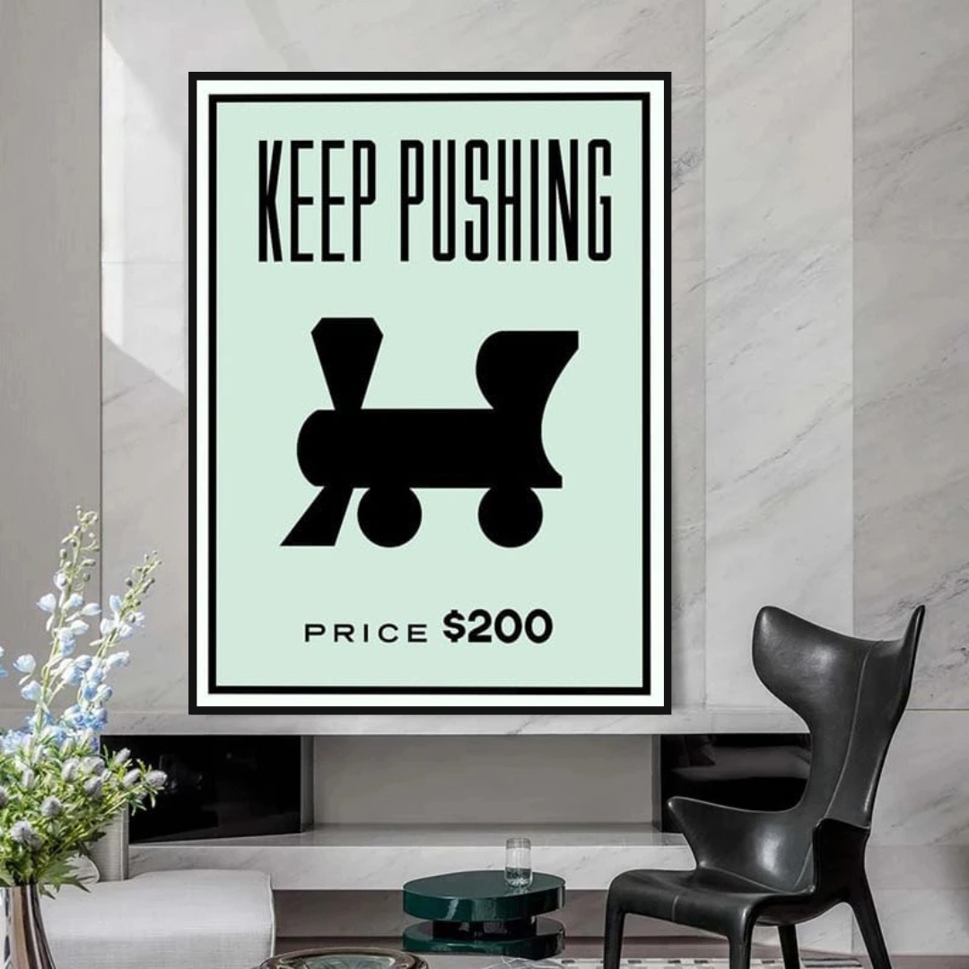 Monopoly Keep Pushing Card Canvas Wall Art-ChandeliersDecor