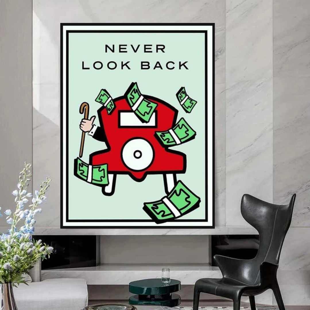 Monopoly Never Look Back Card Canvas Wall Art-ChandeliersDecor