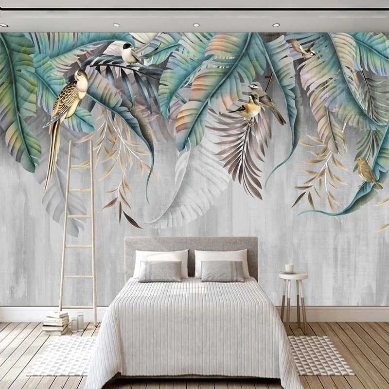 Nature's Symphony: Plant Leaves Birds Wallpaper-ChandeliersDecor