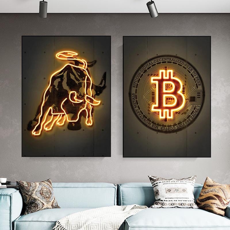 Neon Prints Gold Bitcoin Canvas Wall Art-ChandeliersDecor