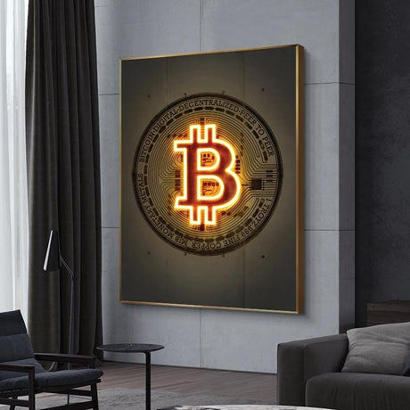 Neon Prints Gold Bitcoin Canvas Wall Art-ChandeliersDecor