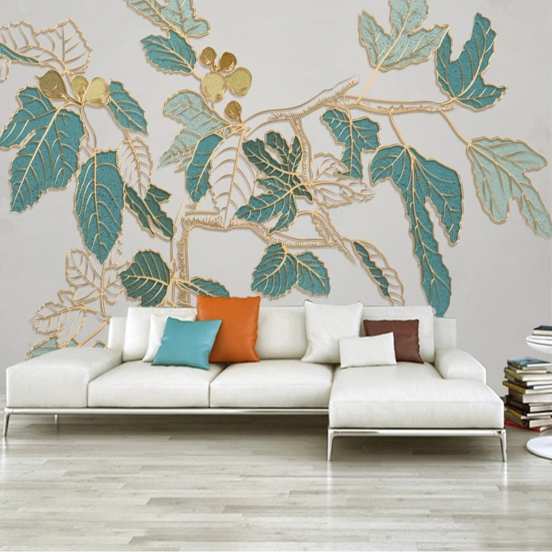 Nordic Golden Embossed Line Leaf Wallpaper for Home Wall Decor-ChandeliersDecor