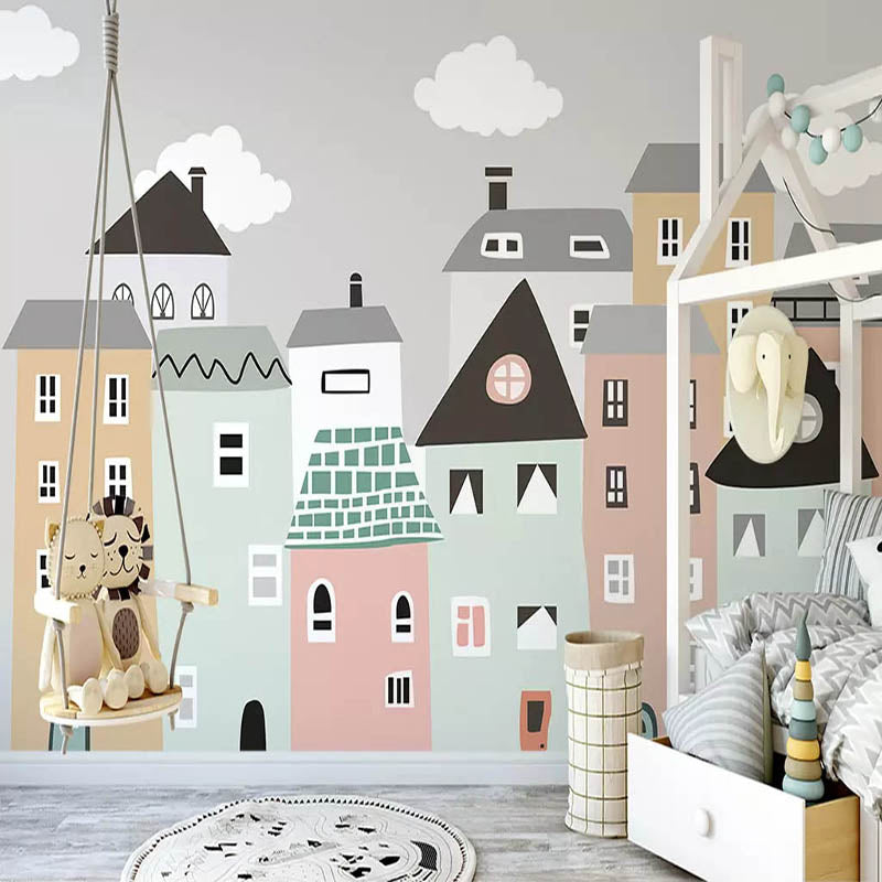 Papier peint chambre d'enfant à thème de maisons de couleurs pastel
