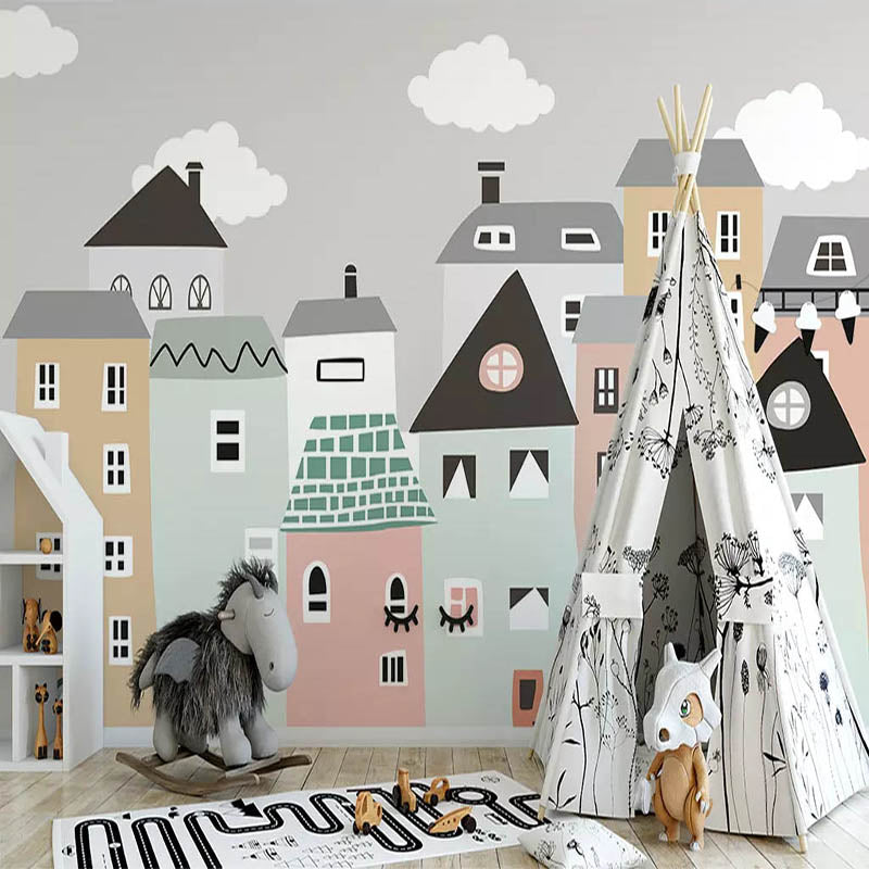 Papier peint chambre d'enfant à thème de maisons de couleurs pastel