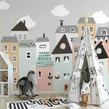 Pastel Color Houses Theme Nursery Wallpaper-ChandeliersDecor