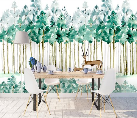 Pastel Greens: Forest Trees Wallpaper Murals-ChandeliersDecor