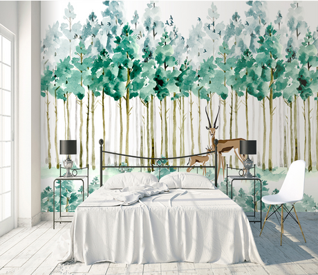 Pastel Greens: Forest Trees Wallpaper Murals-ChandeliersDecor