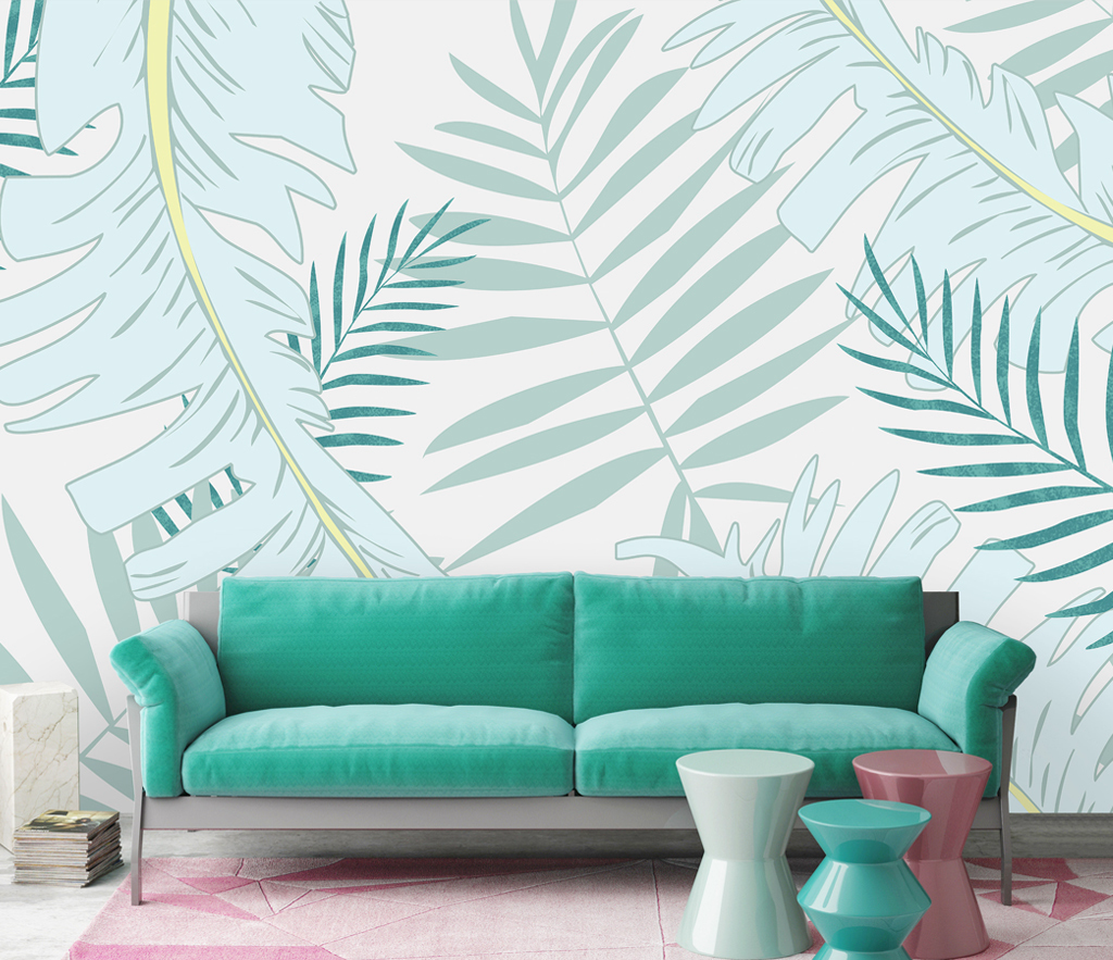 Pastel Leafs Theme: Tropical Wallpaper Mural-ChandeliersDecor