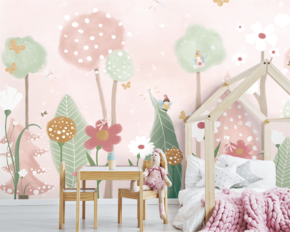 Pink and Green Shade Forest with Fairies Flying Nursery Wallpaper-ChandeliersDecor.com