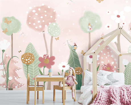 Pink and Green Shade Forest with Fairies Flying Nursery Wallpaper-ChandeliersDecor.com