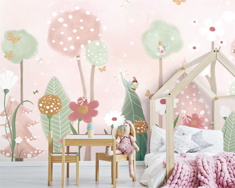 Papier peint chambre d'enfant Forêt d'ombre rose et verte avec des fées volantes