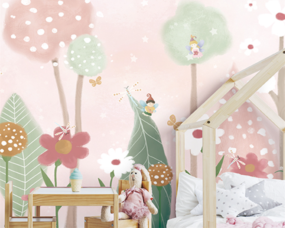 Papier peint chambre d'enfant Forêt d'ombre rose et verte avec des fées volantes