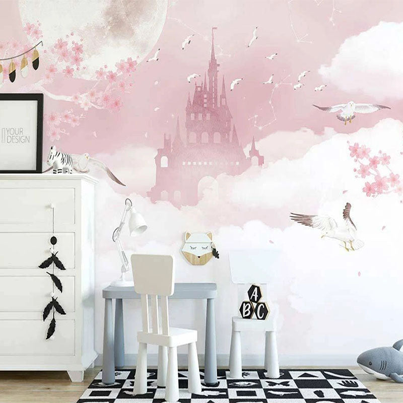 Pink Castle in Clouds Nursery Wallpaper-ChandeliersDecor