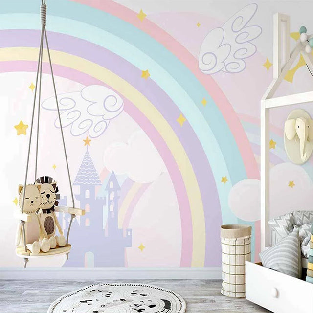 Pink Castle with Rainbow Nursery Wallpaper-ChandeliersDecor