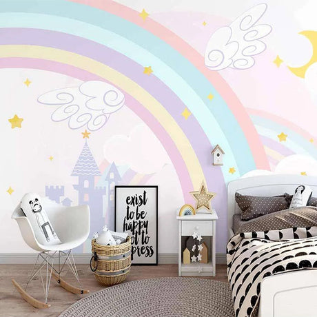 Pink Castle with Rainbow Nursery Wallpaper-ChandeliersDecor