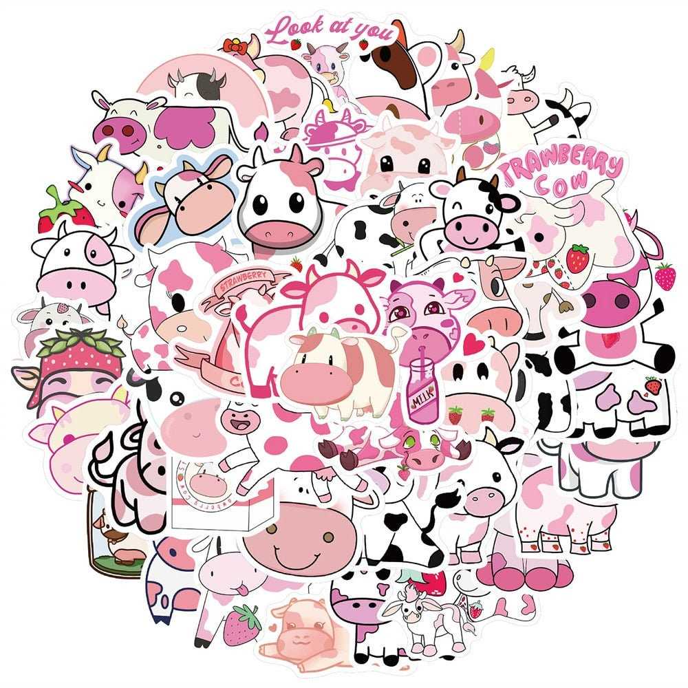 Pink Cow Graffiti Waterproof Sticker Suitcase Notebook Mobile Phone Refrigerator Children WaterCup Helmet-ChandeliersDecor