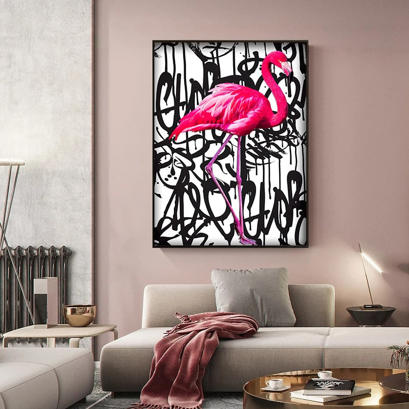 Pink Flamingo Graffiti Canvas Wall Art-ChandeliersDecor