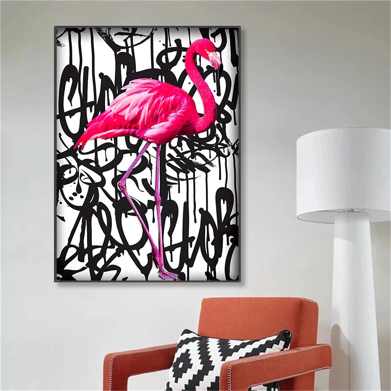 Pink Flamingo Graffiti Canvas Wall Art-ChandeliersDecor