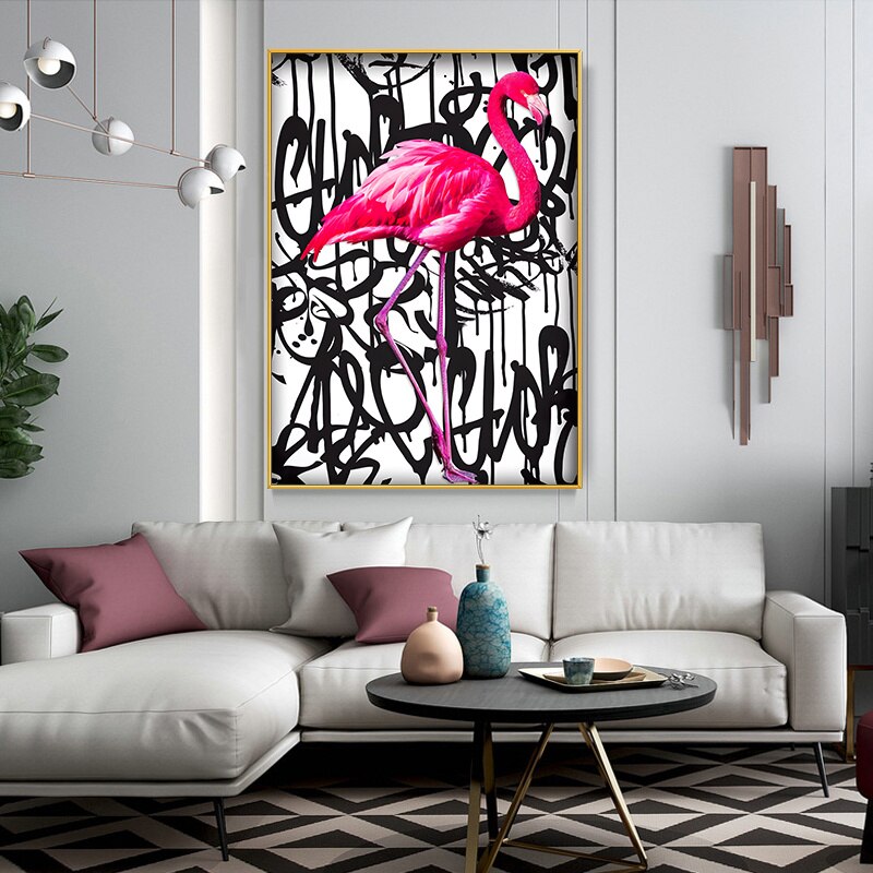 Pink Flamingo Graffiti Canvas Wall Art-ChandeliersDecor