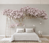 Pink Flowers Design Theme - 3D Tree Wallpaper Murals-ChandeliersDecor.com