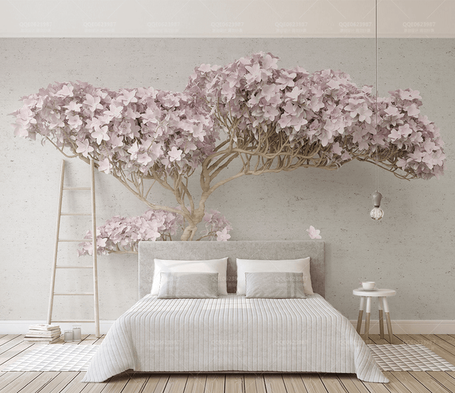 Pink Flowers Design Theme - 3D Tree Wallpaper Murals-ChandeliersDecor.com
