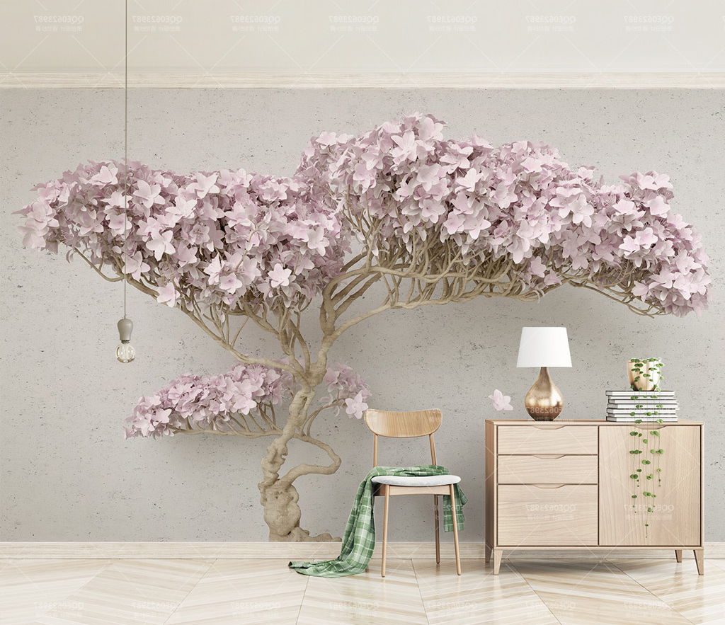 Pink Flowers Design Theme - 3D Tree Wallpaper Murals-ChandeliersDecor