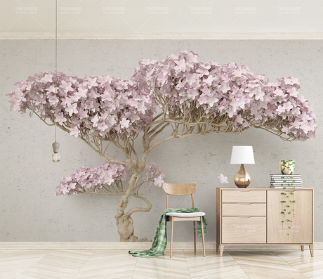 Pink Flowers Design Theme - 3D Tree Wallpaper Murals-ChandeliersDecor