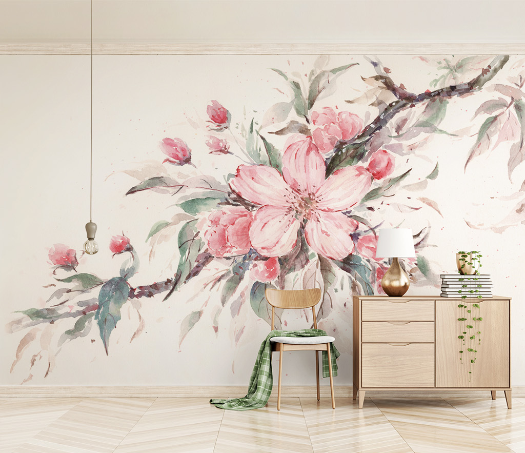 Pink Flowers Stem Blossom Wallpaper Mural-ChandeliersDecor