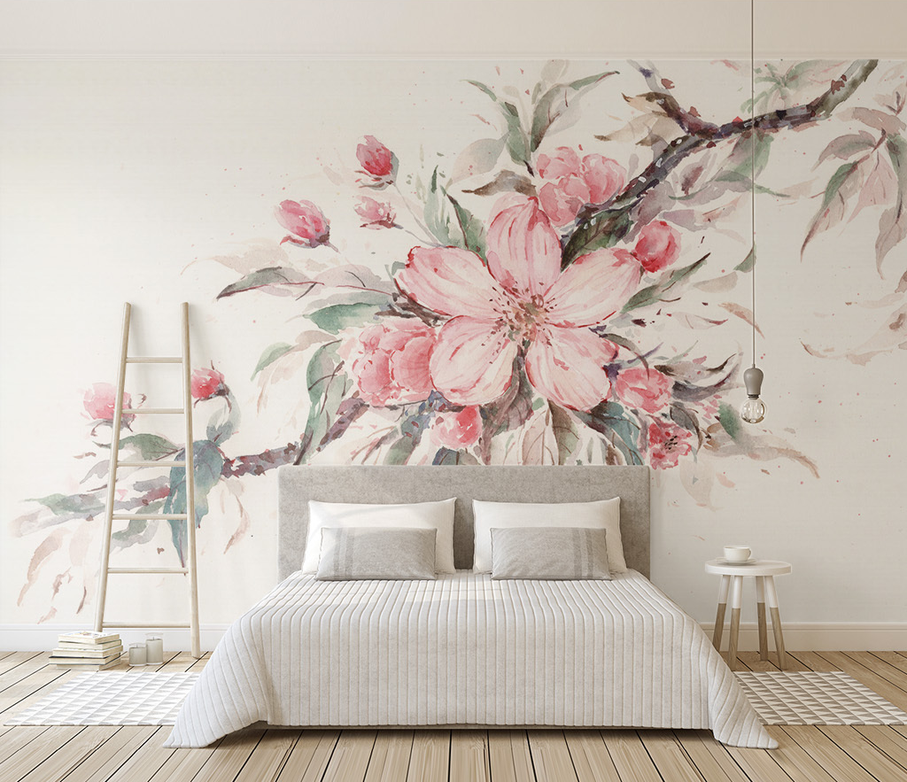 Pink Flowers Stem Blossom Wallpaper Mural-ChandeliersDecor