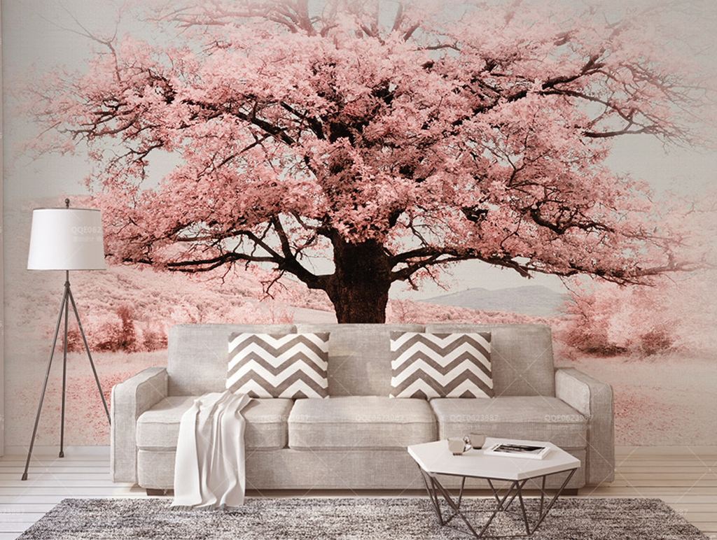 Pink Flowers Tree Wallpaper Murals-ChandeliersDecor