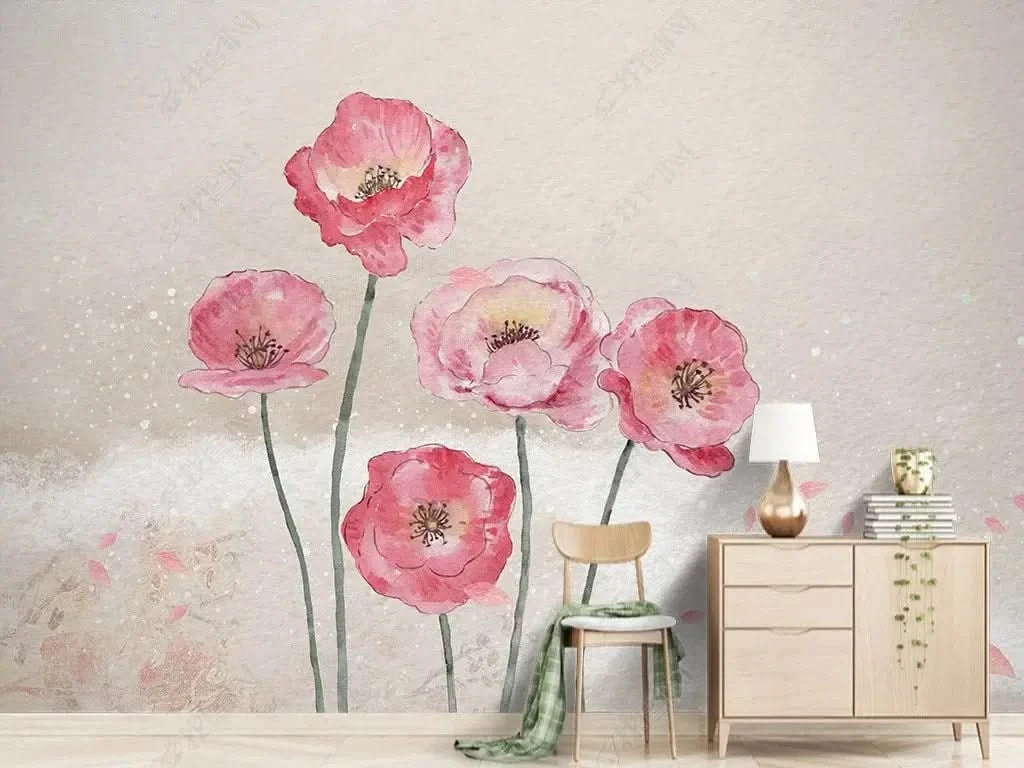 Pink Morning Flowers Wallpaper Mural-ChandeliersDecor.com