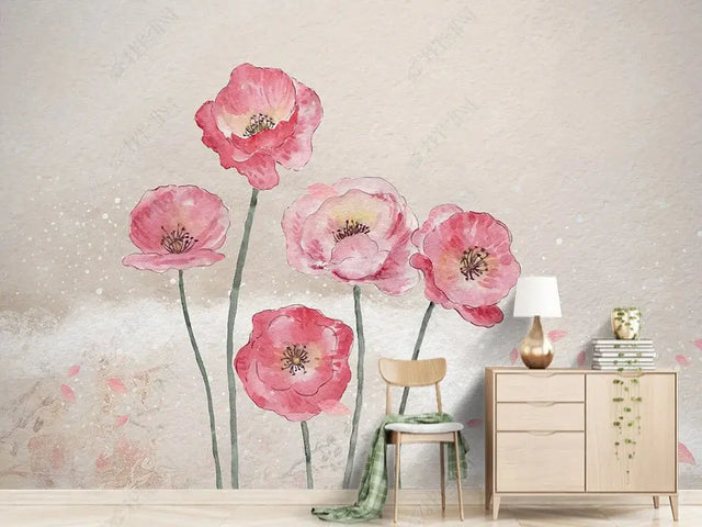 Pink Morning Flowers Wallpaper Mural-ChandeliersDecor.com