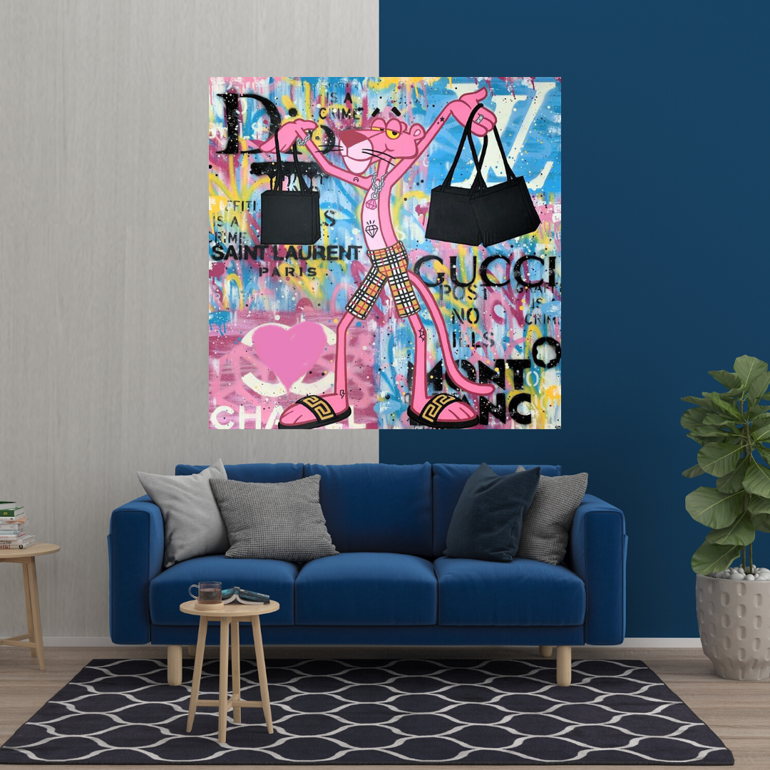 Pink Panther Shopping Canvas Wall Art-ChandeliersDecor