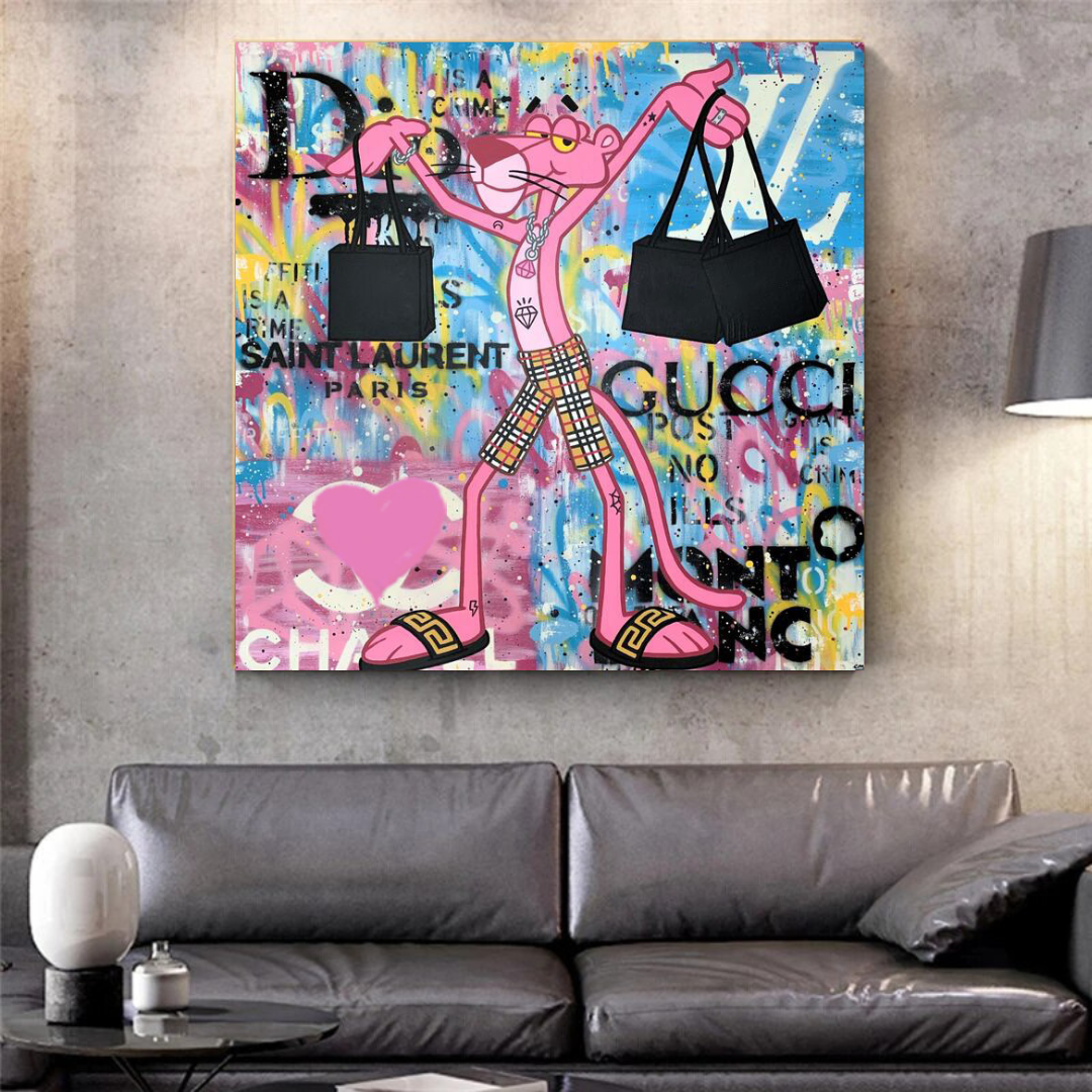 Pink Panther Shopping Canvas Wall Art-ChandeliersDecor