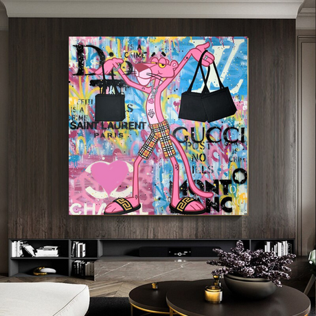 Pink Panther Shopping Canvas Wall Art-ChandeliersDecor