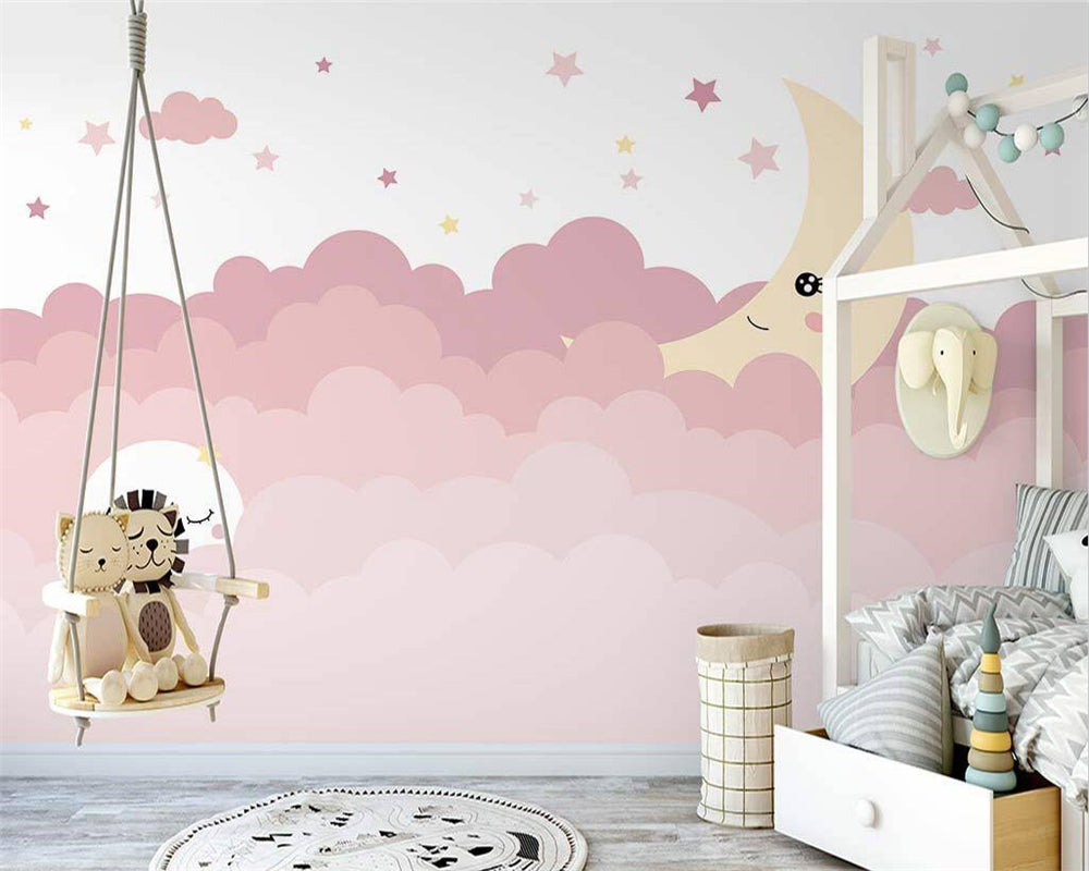 Papier peint pour chambre de bébé, vagues de nuages ​​et lune, ombre rose